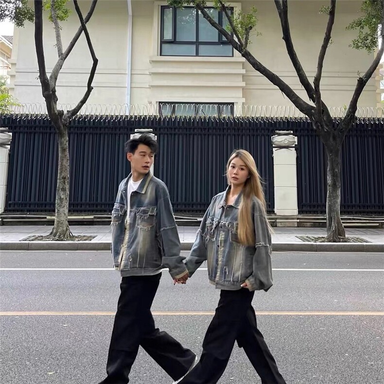 美式高街做旧设计感拼接毛边牛仔夹克春秋季宽松小众潮牌情侣外套,男装工装外套,星座1210-1