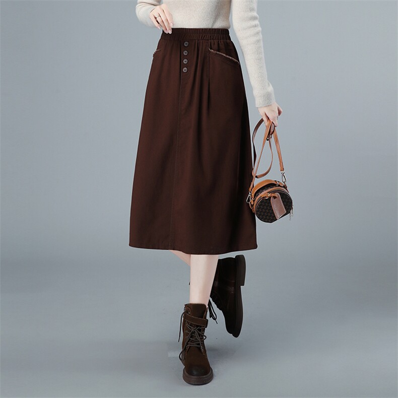 加厚纯棉半身裙秋冬休闲显瘦中长款高腰A字裙，女装半身裙，秋牧寒烟