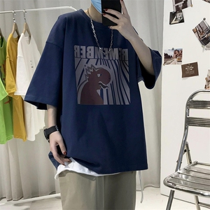 T10男士休闲宽松港风印花T恤衫男圆领半截袖TEE五分袖T恤潮男女T图片