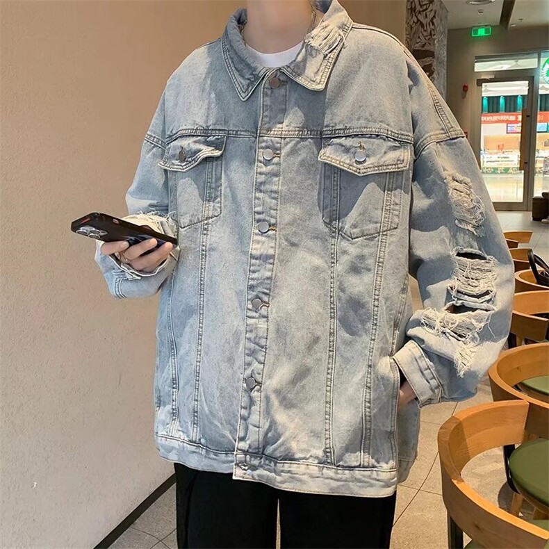 新款破洞牛仔外套男春秋季胖子大码休闲上衣港风工装夹克W153,男装夹克,星座1116A-1（原606A）