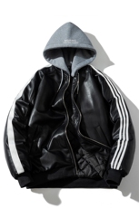 现货三条杠袖子PU皮棒球服外套秋冬棉服带帽可拆卸，男装棉衣，电商A105