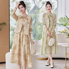 长袖连衣裙2024春秋新款高端精致小香风气质马甲扎染衬衫裙裙，女装连衣裙，韩蜜菓