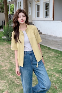 2026奶黄色设计感拼接马甲外套女宽松短款立领针织短袖坎肩上衣图片