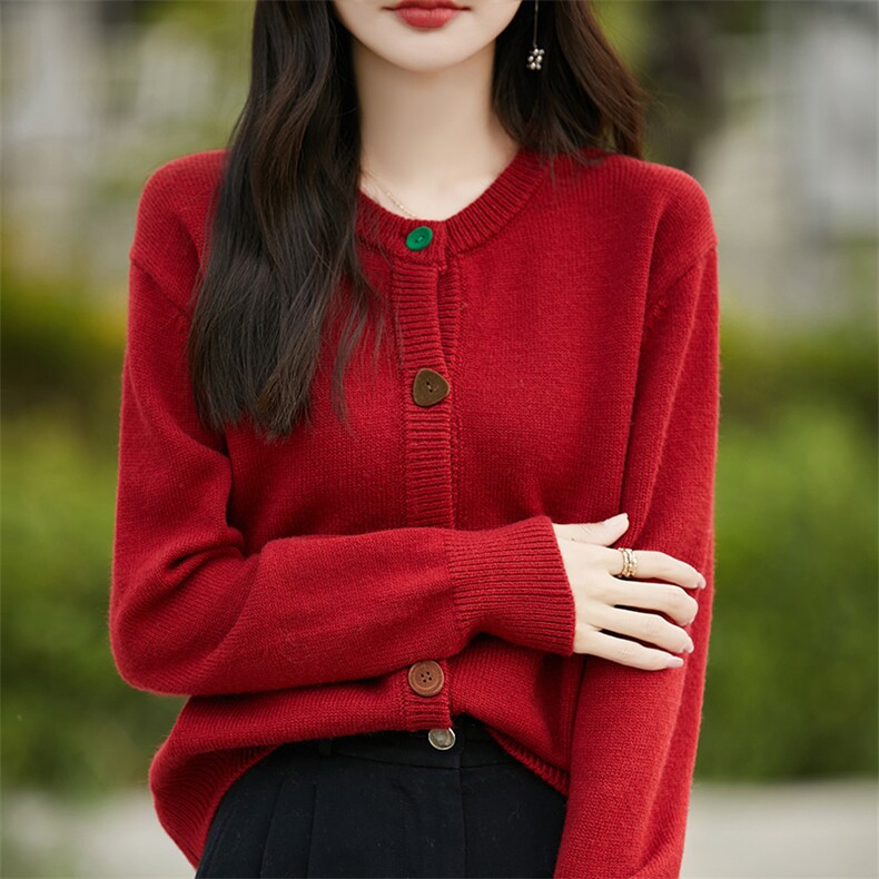 100%纯羊毛开衫女士圆领加厚彩扣长袖毛衣外套宽松羊绒衫针织外搭,女装羊毛衫,片语羊绒