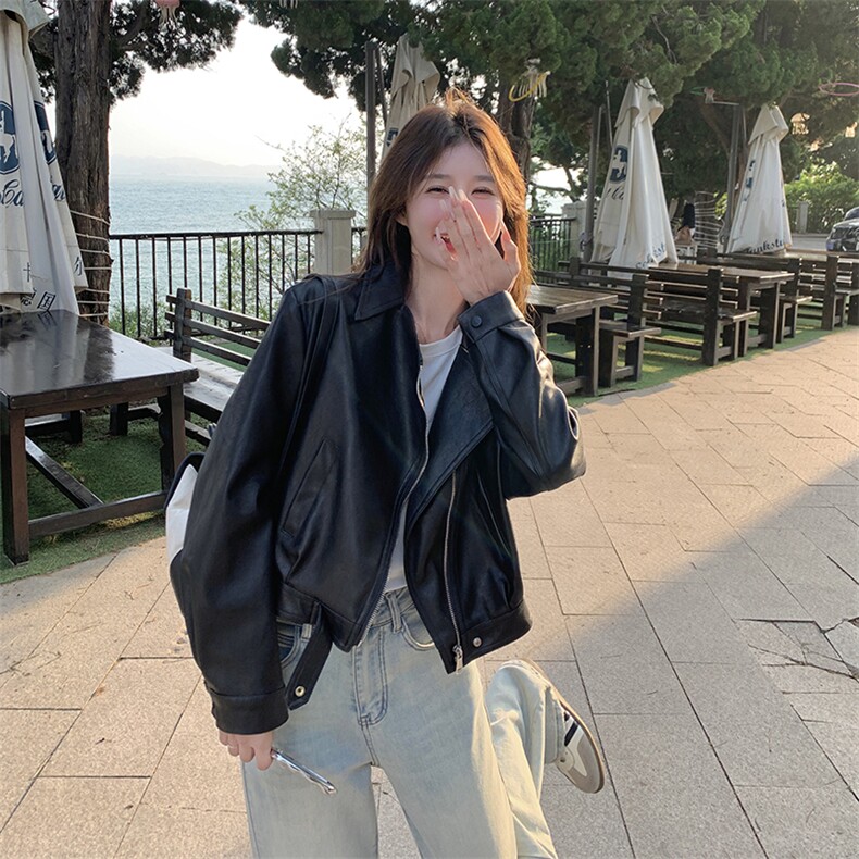 西装领海军领短款秋季薄款皮衣韩版复古脏脏风日奢风春秋小个子,女装皮衣,2C198