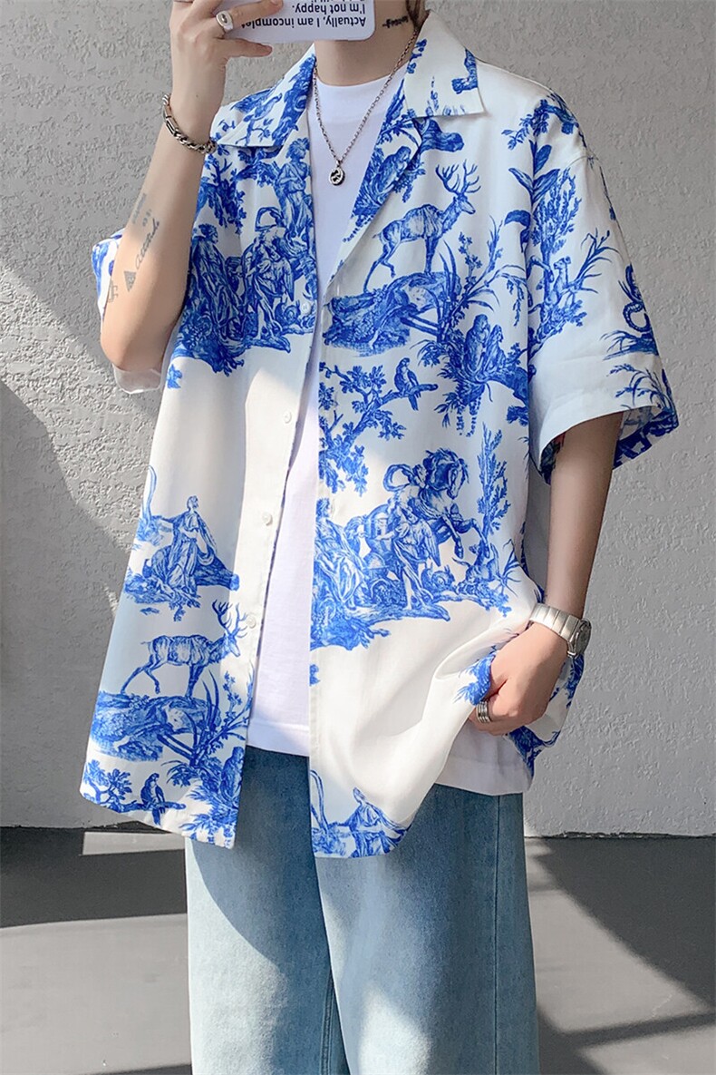 8XL-M天丝亚麻清爽晕染古巴领短袖衬衫男半截袖冰丝衬衣CS525P58,男装衬衫,电商D206-1