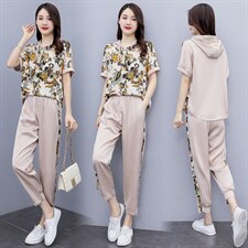 2023新款时尚醋酸印花拼接连帽气质套装2023年夏季，女装套装/套裙，奕薇雅