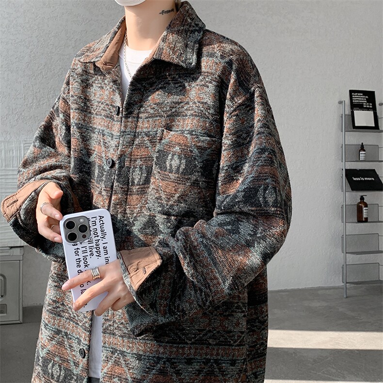 8XL-M复古大码民族风衬衫男款秋冬季加厚粗呢藏式外套CS29001P68,男装衬衫,电商B312