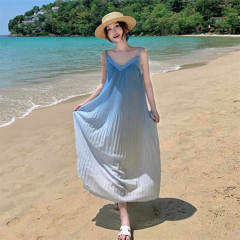 海边度假渐变吊带连衣裙女2025夏季新款设计感超好看气质绝美长裙,女装连衣裙,2C122