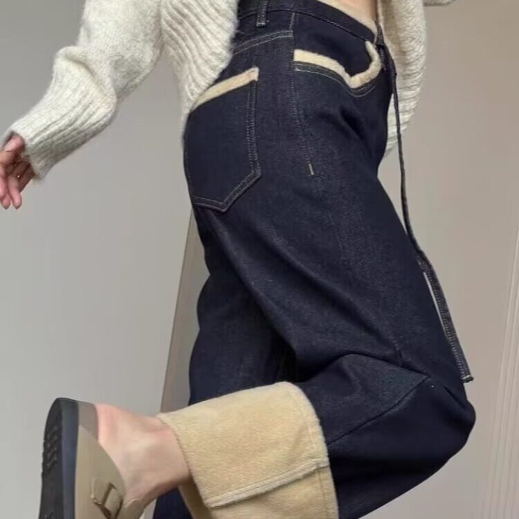 哈伦牛仔裤女2025萝卜显瘦胖mm宽松秋冬加绒直筒深蓝色九分老爹裤图片