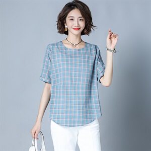 2025年夏季休闲格子潮流舒适时尚蕾丝衫/雪纺衫短袖圆领优雅图片
