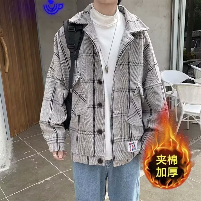 加绒加厚冬款男棉衣条纹格子毛呢棉袄保暖外套MA2406 P70图片
