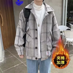 加绒加厚冬款男棉衣条纹格子毛呢棉袄保暖外套MA2406 P70图片