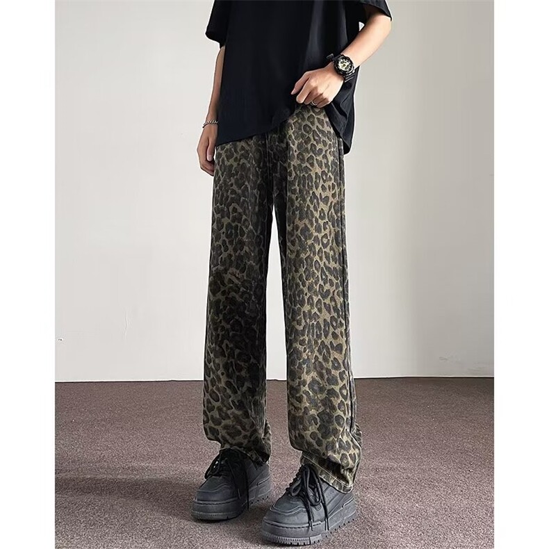 复古豹纹牛仔裤男款青少年夏季工装裤高个子窄版直筒长裤1091P43，男装牛仔裤，星座410-2