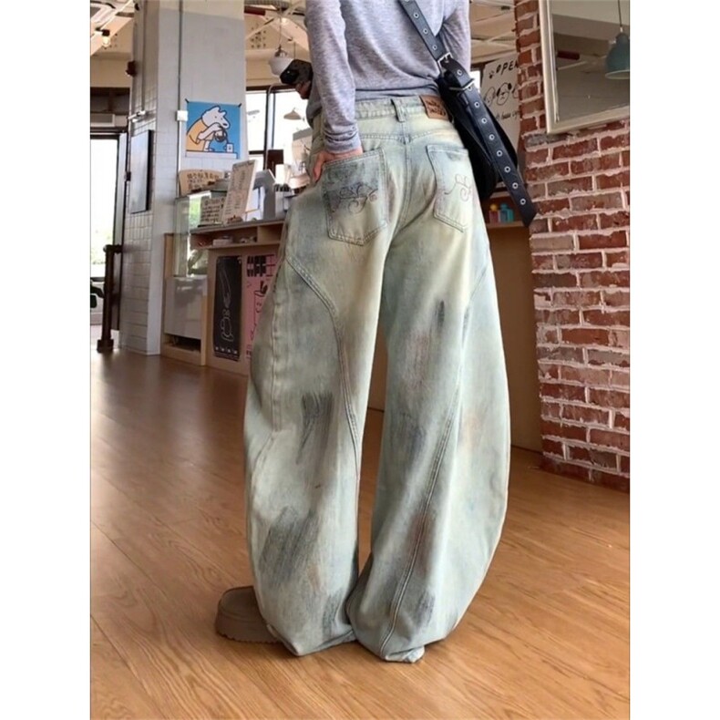 大码美式高街复古弯刀牛仔裤女早秋季新款胖MM显瘦宽松阔腿拖地裤,男装牛仔裤,星座506A