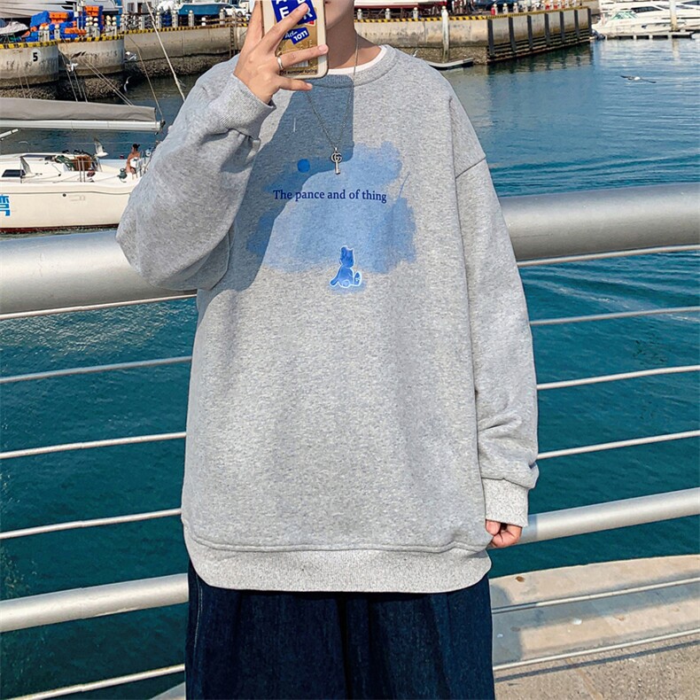 9987P28港风外景秋季云朵小熊印花宽松休闲潮圆领套头休闲学生,男装卫衣,电商A026-1