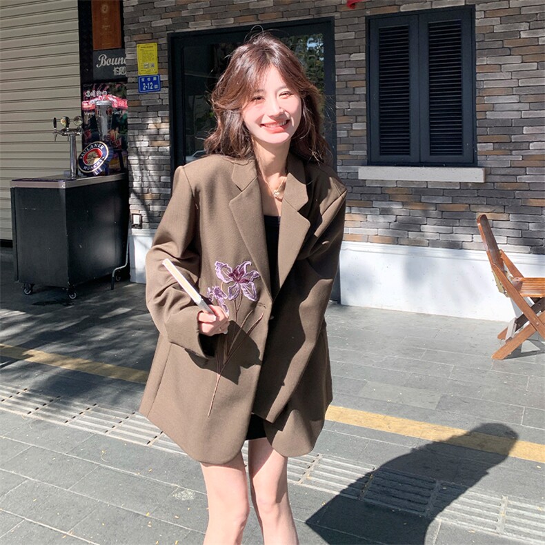 咖色美拉德印花西服上衣女2025春秋新款韩版休闲显瘦气质西装外套,女装西装,2C031