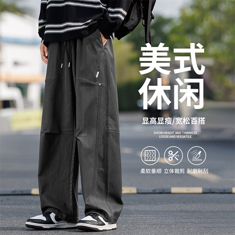 胖胖哥拼接打褶伞兵裤男秋季新款水洗大码宽松机能直筒休闲长裤潮图片