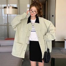 撞色翻领工装牛仔外套女2025春季新款复古设计感宽松休闲夹克上衣，女装短外套，2C260