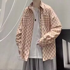 棋盘格子衬衫男女长袖ins潮流情侣小众翻领衬衣宽松日系休闲外套，男装衬衫，星座1210-1