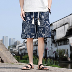 夏季亚麻棉麻印花风五分裤男宽松短裤个性A266-1-KZ773-P40，男装牛仔裤，电商A266-1