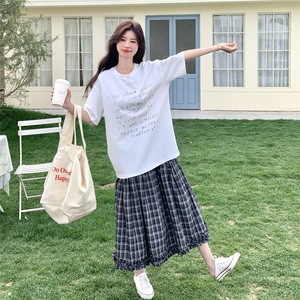 韩版学院风短袖格子半身裙套装女2025年夏季新款超好看显瘦两件套图片