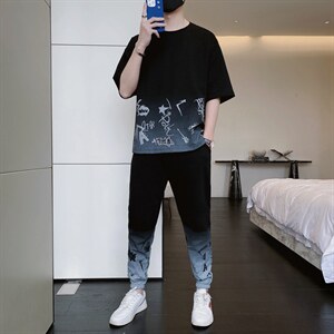 新款夏季潮流时尚T恤男装青少年宽松休闲圆领套装F308P68图片