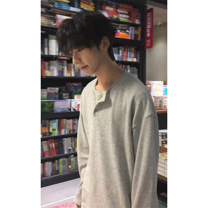 假两件华夫格亨利衫男夏季薄款长袖t恤韩版潮牌卫衣春秋季打底衫,男装T恤,四季星座505
