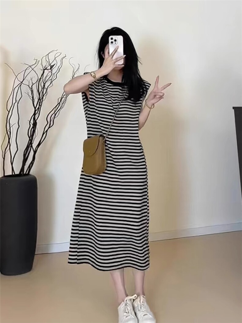 时尚优雅条纹圆领无袖连衣裙修身显瘦,女装连衣裙,琳华羊绒