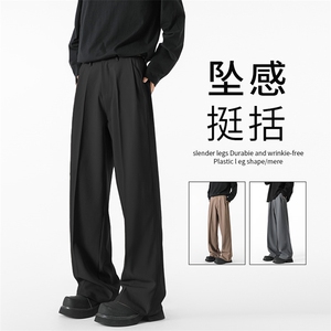 三本针黑色垂感休闲西裤男士春秋冬季新款加绒厚宽松直筒西装裤子图片