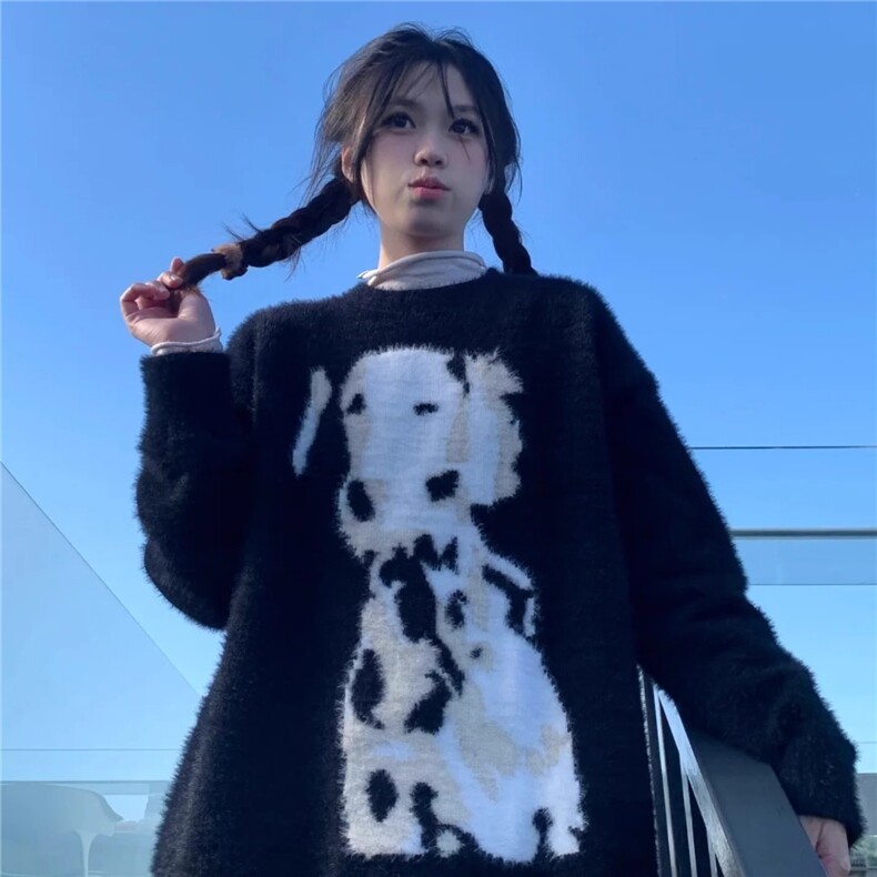 黑色斑点狗水貂绒毛衣男女冬季软糯慵懒马海毛针织衫AMY9197-P48图片