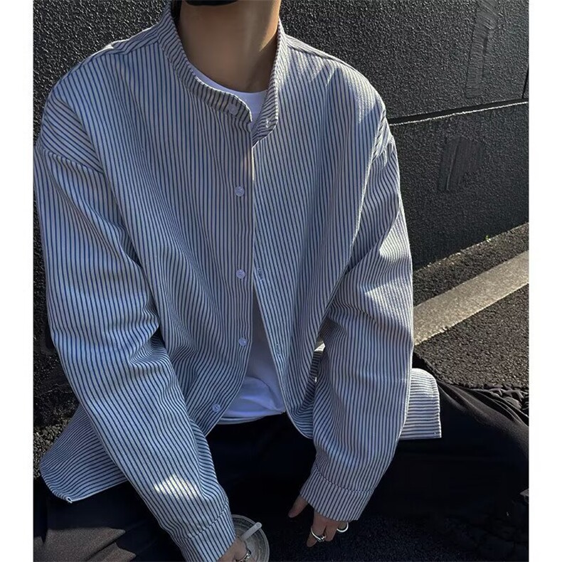 1506/QC660/P40黑白竖条纹衬衫男高级亨利领衬衣宽松痞帅长袖外套,男装衬衫,星座1506
