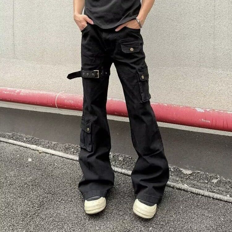 美式vibe风绑带微喇牛仔裤男女ins高街潮牌直筒显瘦cleanfit长裤图片