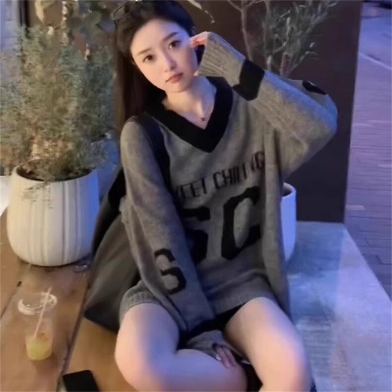 MM114-P65美式复古V领长袖撞色字母针织毛衣24新款宽松休闲上衣潮,男装针织衫/毛衣,星座617A-2