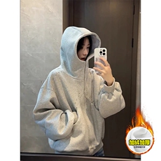 480G重磅加绒硬挺boxy男女秋冬美式高街卫衣铆钉拼接开衫厚外套，女装短外套，电商A486