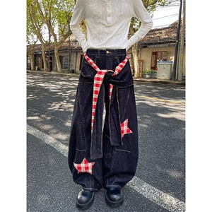 大码黑色格子贴布拼接牛仔裤女高腰设计感绑带不规则长裤AK720图片