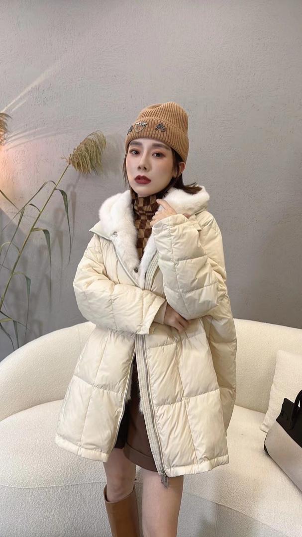 2021欧洲站时尚连帽拼真兔毛可拆卸中长款保暖羽绒服外套,女装羽绒服,L·H·X