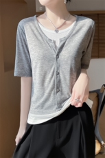 低圆领新款针织女短袖纯色开衫简约百搭宽松假两件，女装针织衫/毛衣，绒宛羊绒