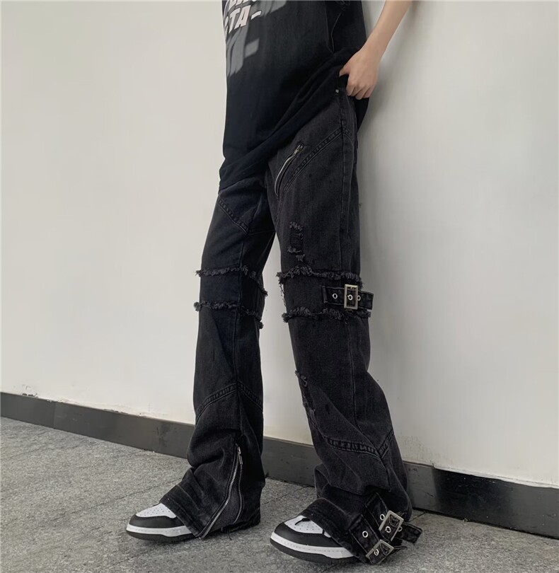 美式复古绑带裤脚拉链牛仔裤男女高街潮牌直筒宽松阔BK50-P83,男装牛仔裤,星座1109-3