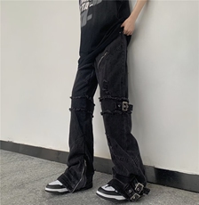 美式复古绑带裤脚拉链牛仔裤男女高街潮牌直筒宽松阔BK50-P83，男装牛仔裤，星座1109-3