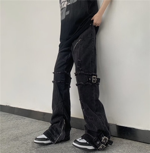 美式复古绑带裤脚拉链牛仔裤男女高街潮牌直筒宽松阔BK50-P83图片