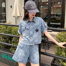 夏季新款时尚气质休闲简约个性百搭舒适牛仔两件套，女装套装/套裙，纯色衣恋