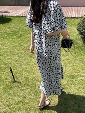 黑花、绿花连衣裙，女装连衣裙，HJ