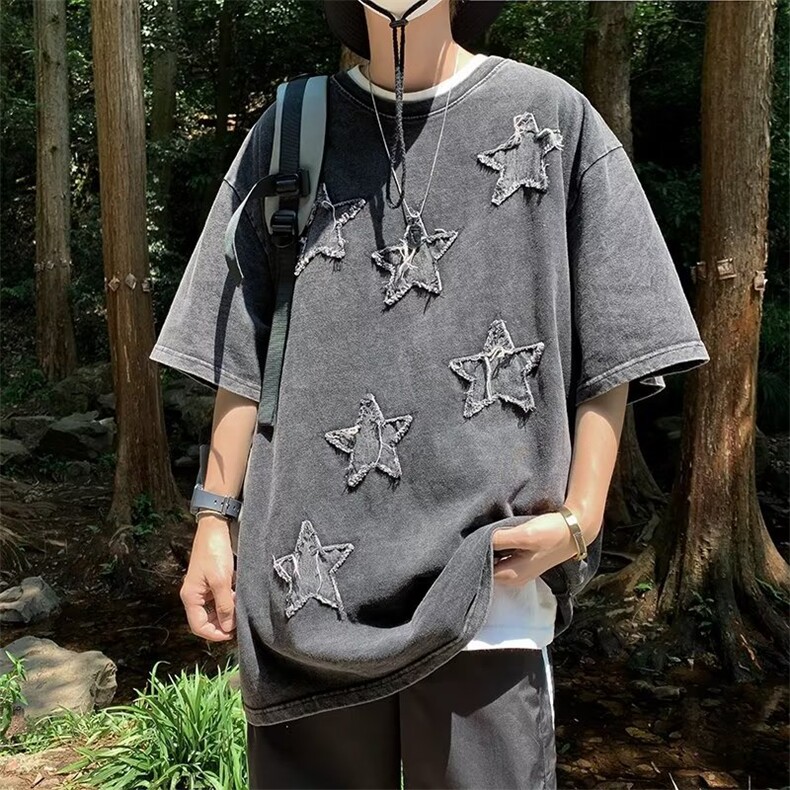 2023港风文艺水洗短袖男春夏宽松潮流五分袖T恤,男装T恤,星座716-2