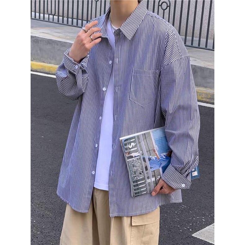 港风秋款男女衬衫竖条纹宽松休闲长袖衬衣加大码S-4XLCT22P38,男装衬衫,星座1013-1