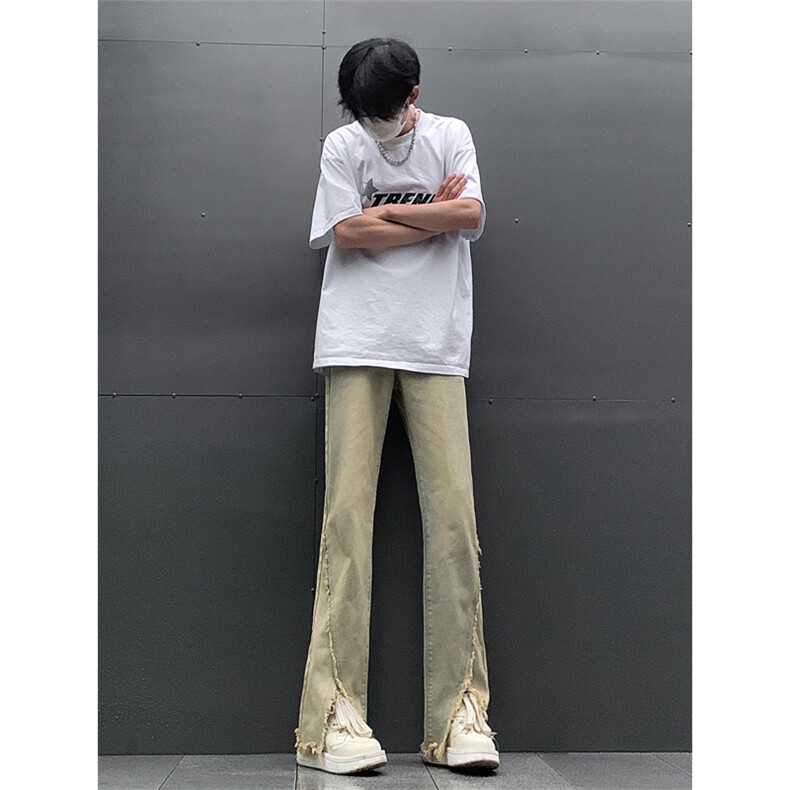 现货24春夏黄泥开叉毛边宽松牛仔裤设计感微喇休闲裤男K5803-P55,男装牛仔裤,星座205