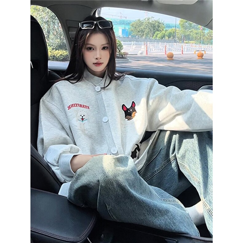 网图高质量趣味小狗毛巾绣卫衣开衫加绒情侣外套棒球服BW1236-P55,女装短外套,电商A025