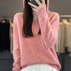 简约慵懒帽衫女秋冬季宽松连帽卫衣羊毛衫套头针织毛衣，女装针织衫/毛衣，大美人高端店
