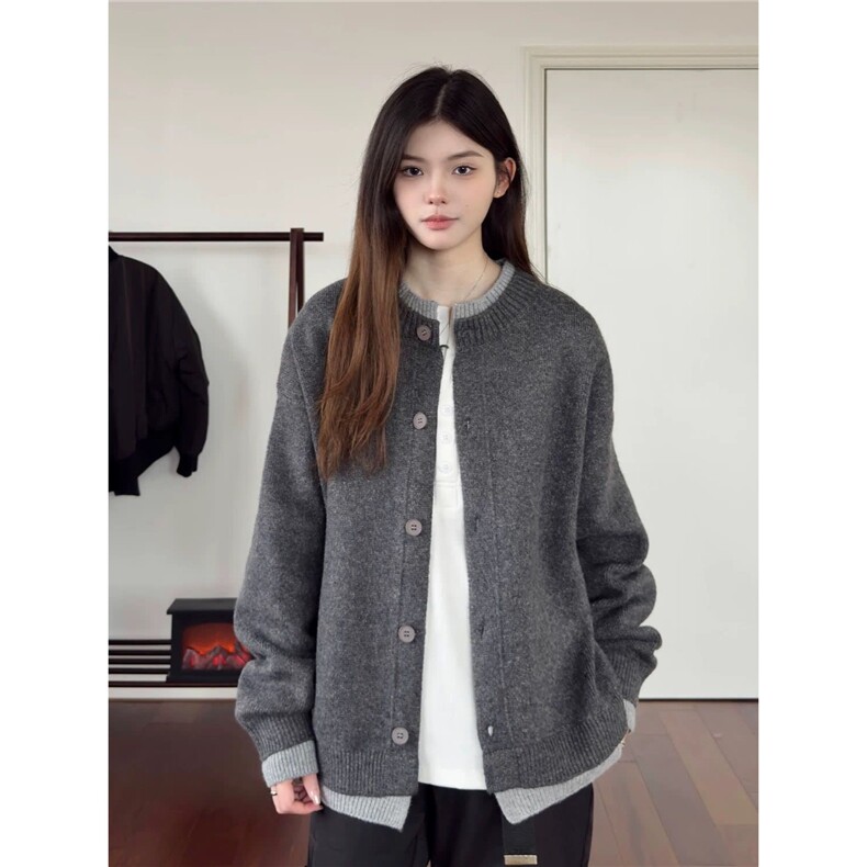 假两件高级感圆领针织开衫秋冬季纯色休闲百搭毛衣外套SWX22，男装针织衫/毛衣，星座516A