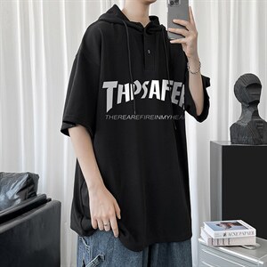 LD54007-P45 连帽短袖t恤男大码胖子带帽五分袖中袖图片